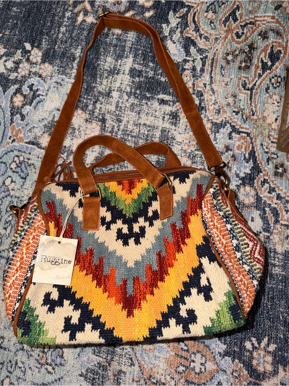 Multicolor Boho Woven Weekender Bag - Tan Trim
